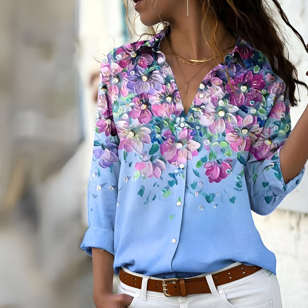 Women’s Printed Collared Blouse – Hand-Illustrative Motif, Tailored Button-Down & Boutique Botanical Charm blue