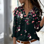 Women’s Printed Collared Blouse – Hand-Illustrative Motif, Tailored Button-Down & Boutique Botanical Charm black