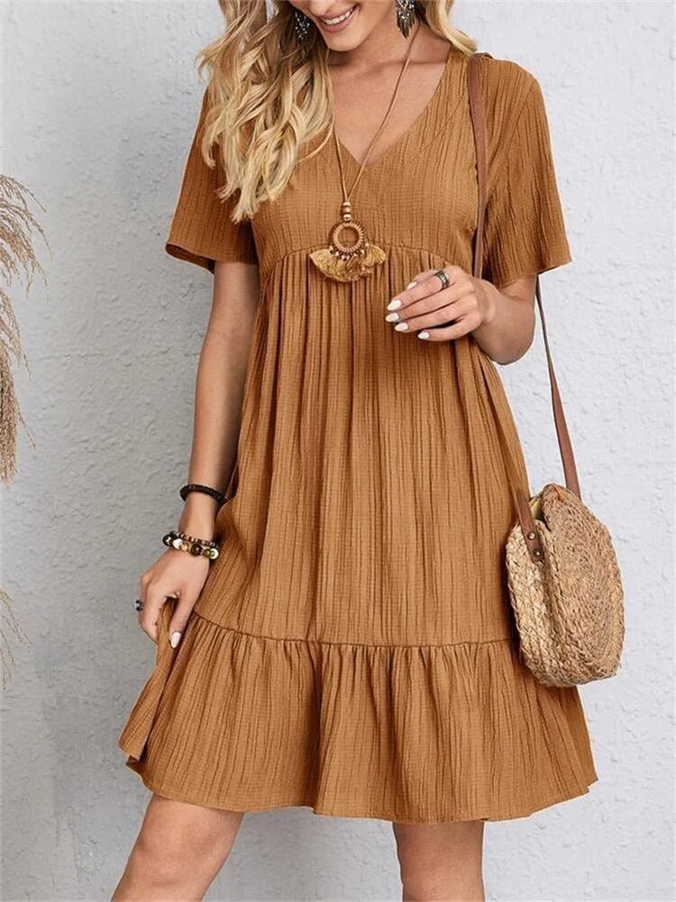 Passion | Tummy-Control Retro V-Neck Dress – Chic Artisan Grace & Refined Slimming Silhouette Hazel brown
