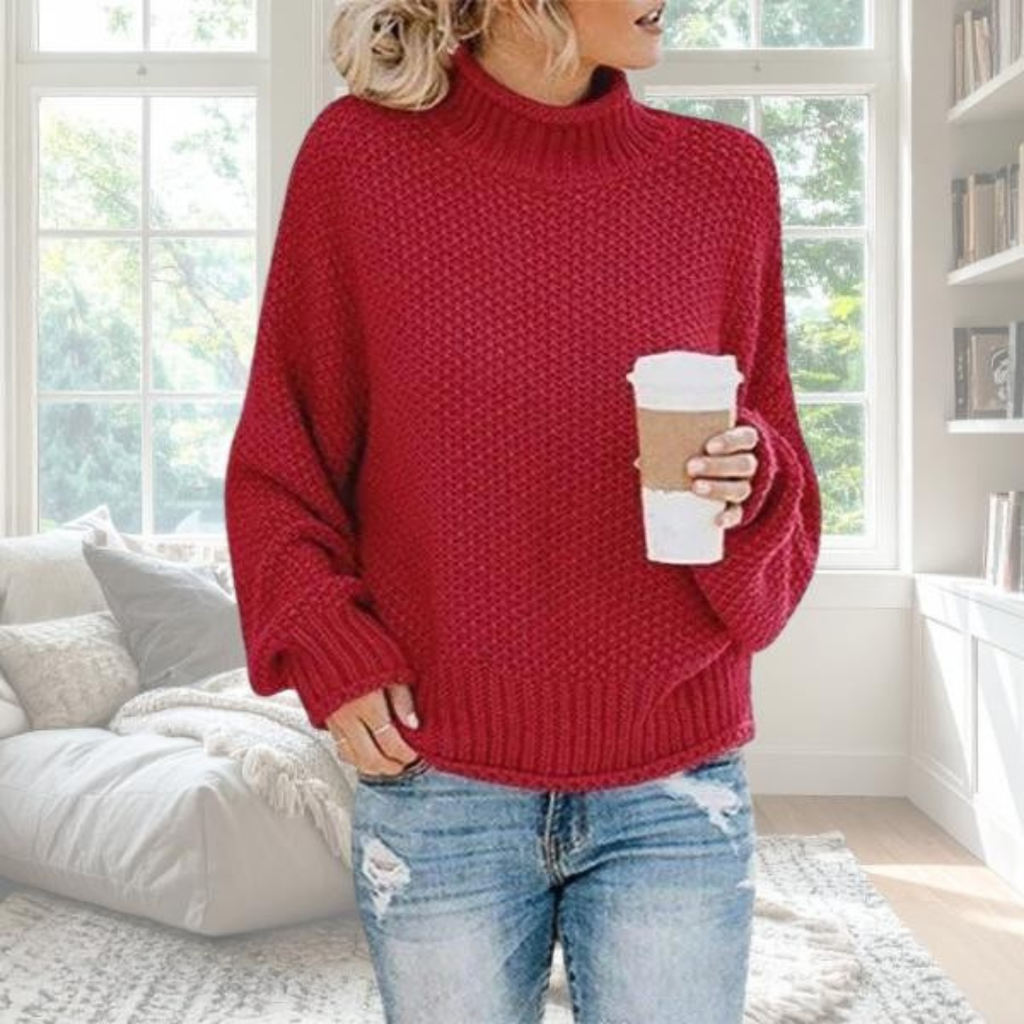 Parsha | Women's Sweater | Textured Knit Surface Long Sleeve Dark Red