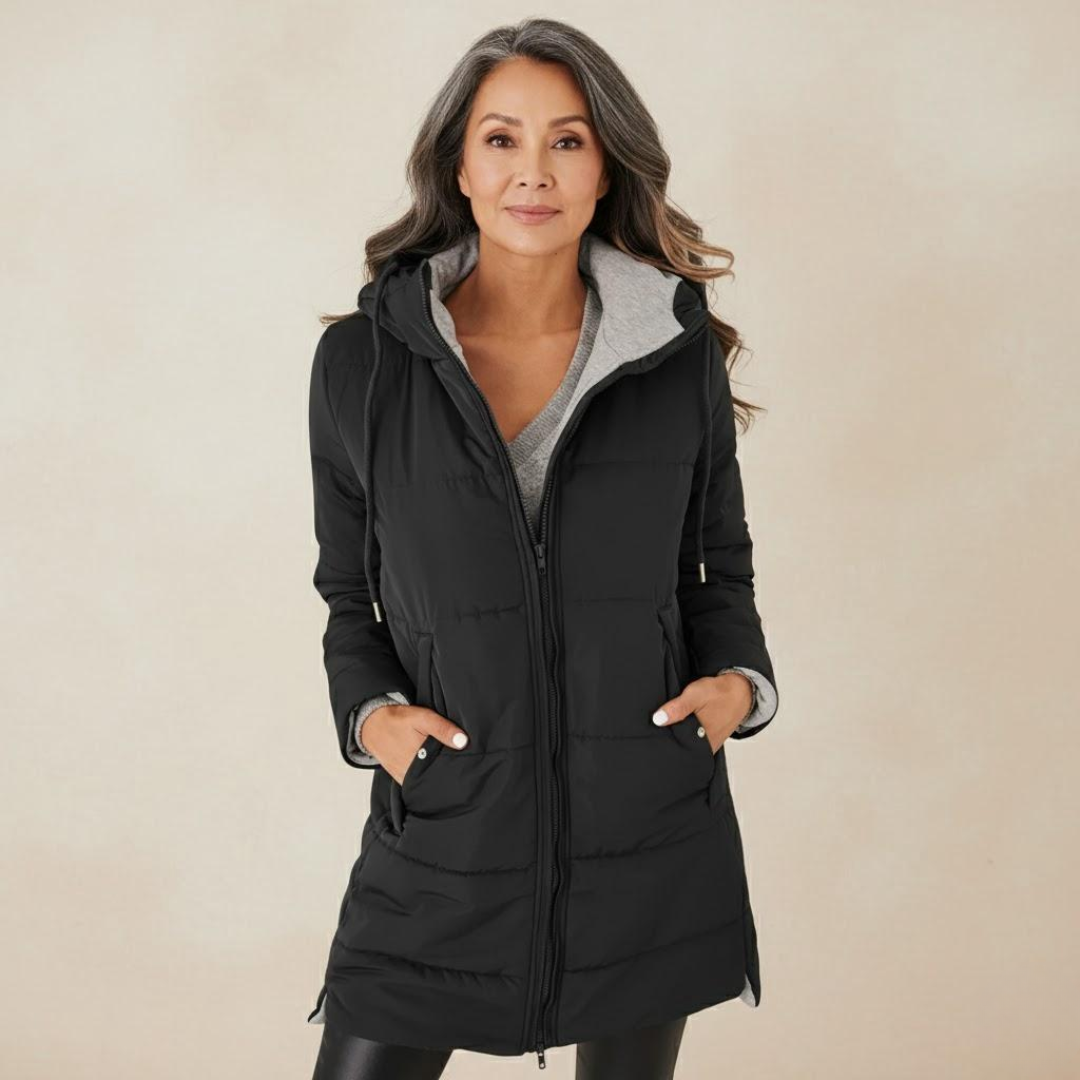 Pamelo | Women's Elegant Hooded Winter Coat - Warm Padded Puffer & Long Wool Parka Black