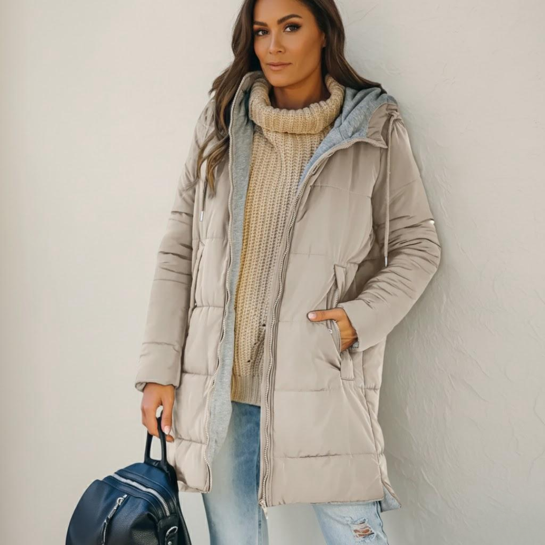 Pamelo | Women's Elegant Hooded Winter Coat - Warm Padded Puffer & Long Wool Parka Beige