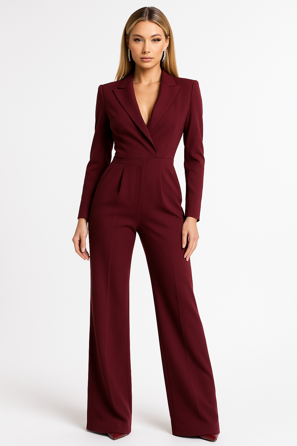 Aura | V-Neck Wide-Leg Jumpsuit – Chic Artisan Grace & Refined Slimming Silhouette Red
