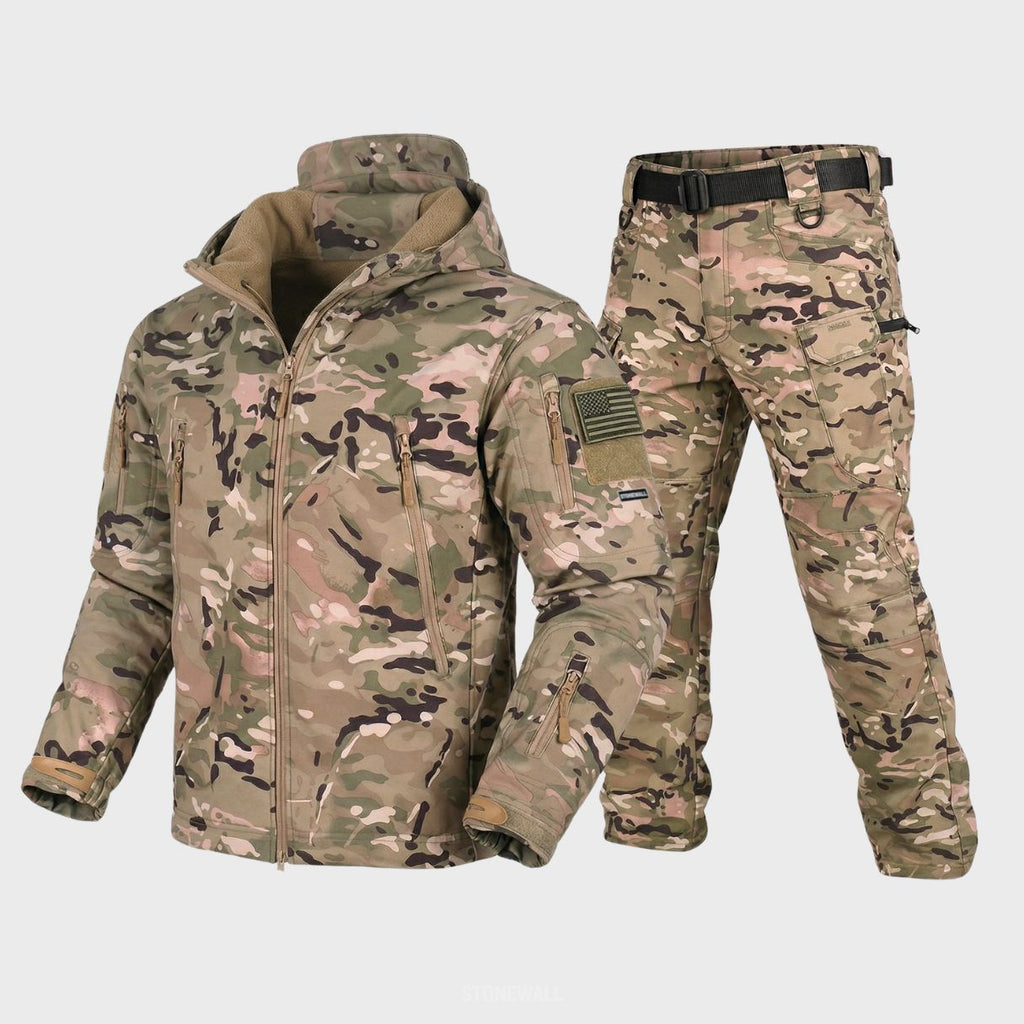Figueral | Waterproof Softshell Jacket & Pants Set - Camo - 17 Pockets Tan Multicam