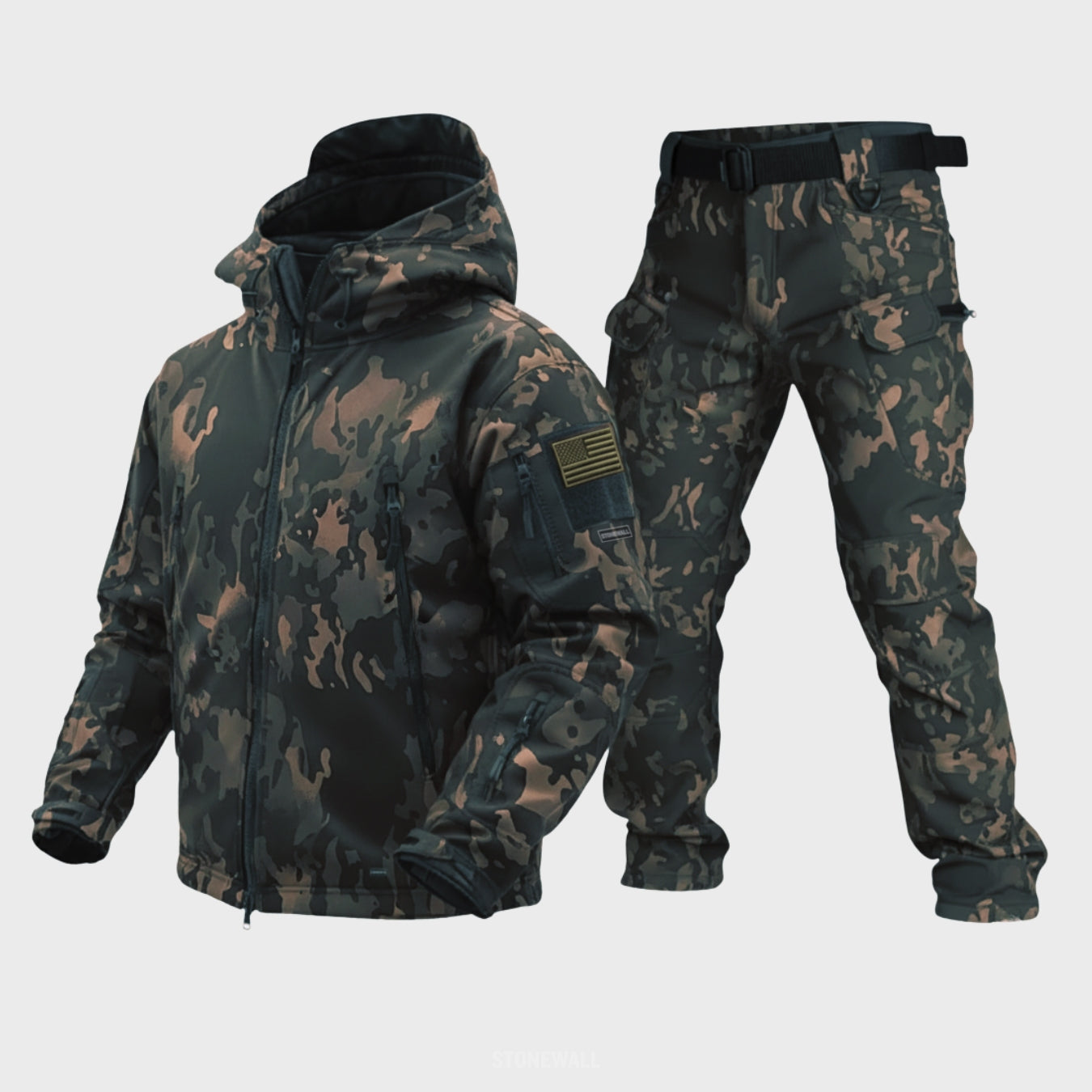 Figueral | Waterproof Softshell Jacket & Pants Set - Camo - 17 Pockets Black Multicam