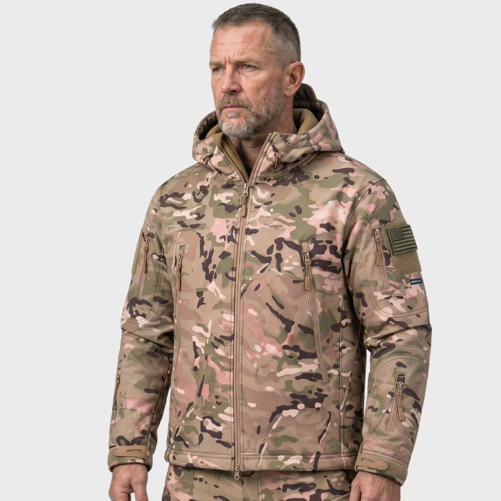 Wilshire | Waterproof Softshell Jacket - Camo - Fleece Lined Tan Multicam
