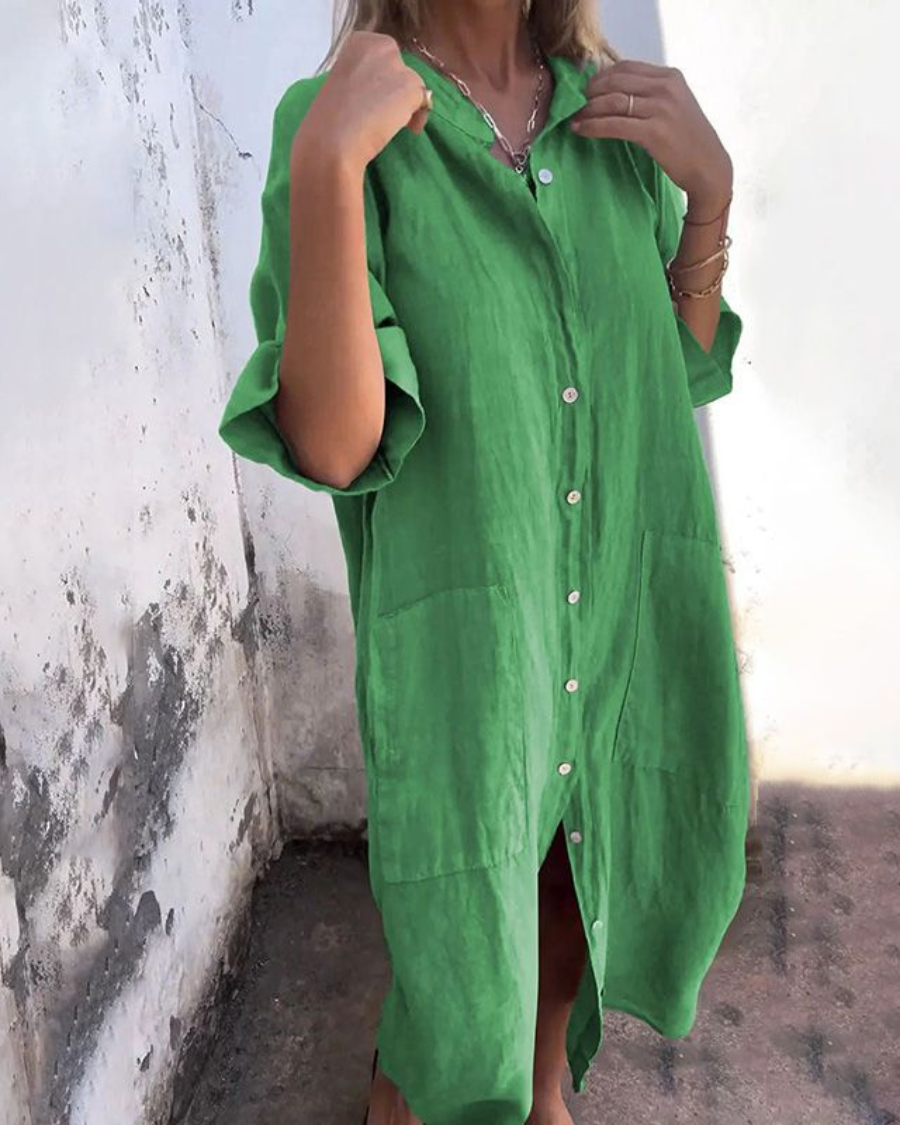 Vena | Women’s Boho Shirt Dress – Bohemian Architectural Fluidity & Refined Artisan Detailing Green