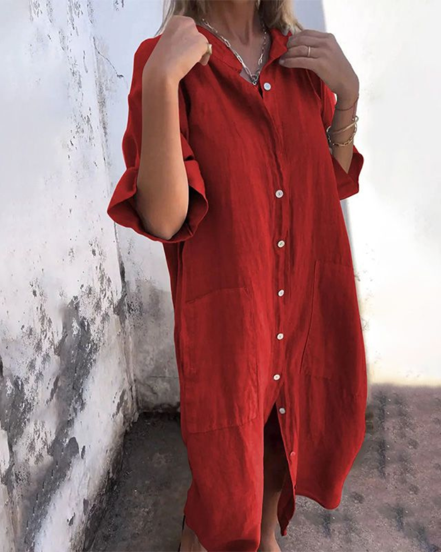 Vena | Women’s Boho Shirt Dress – Bohemian Architectural Fluidity & Refined Artisan Detailing Red