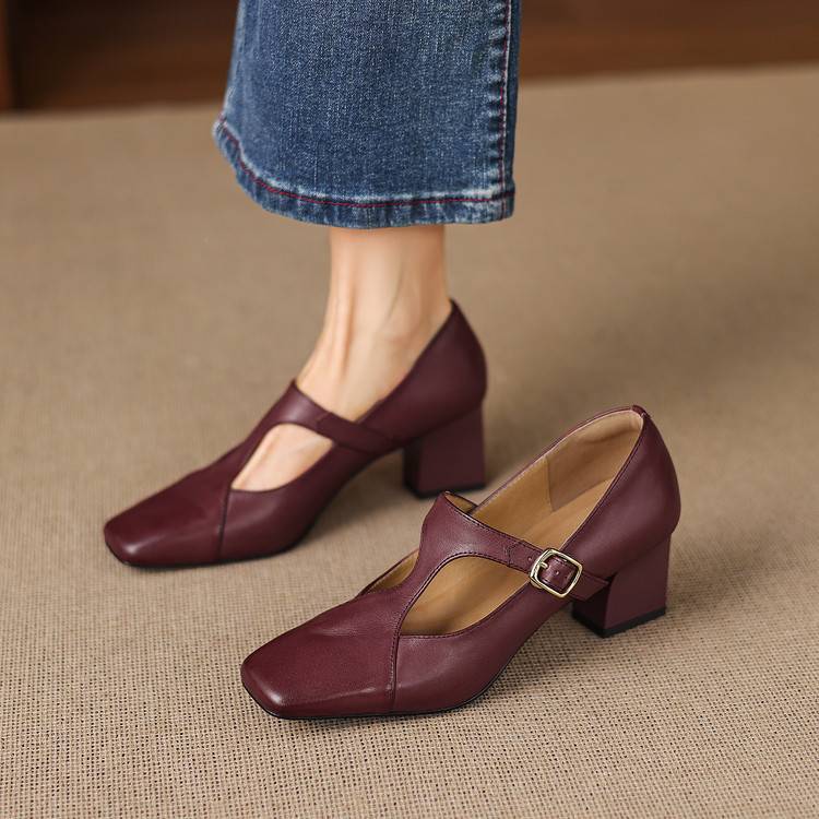 Veyla | Square-Toe Genuine Leather Heels – Luxury Designer Block Pumps & Slimming Classic Mule Footwear Maroon