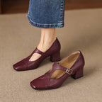 Veyla | Square-Toe Genuine Leather Heels – Luxury Designer Block Pumps & Slimming Classic Mule Footwear Maroon