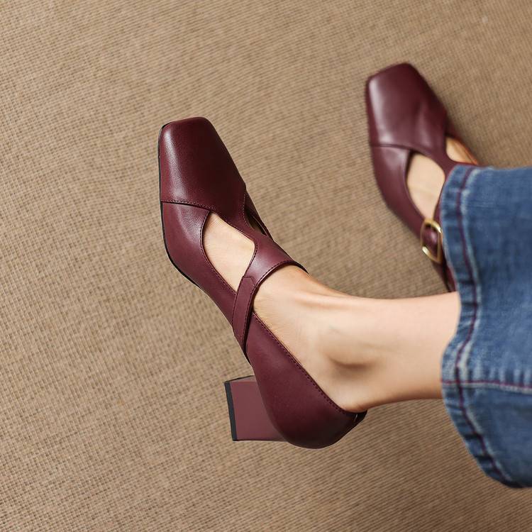 Veyla | Square-Toe Genuine Leather Heels – Luxury Designer Block Pumps & Slimming Classic Mule Footwear