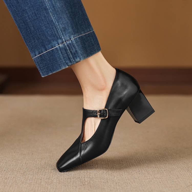 Veyla | Square-Toe Genuine Leather Heels – Luxury Designer Block Pumps & Slimming Classic Mule Footwear Black