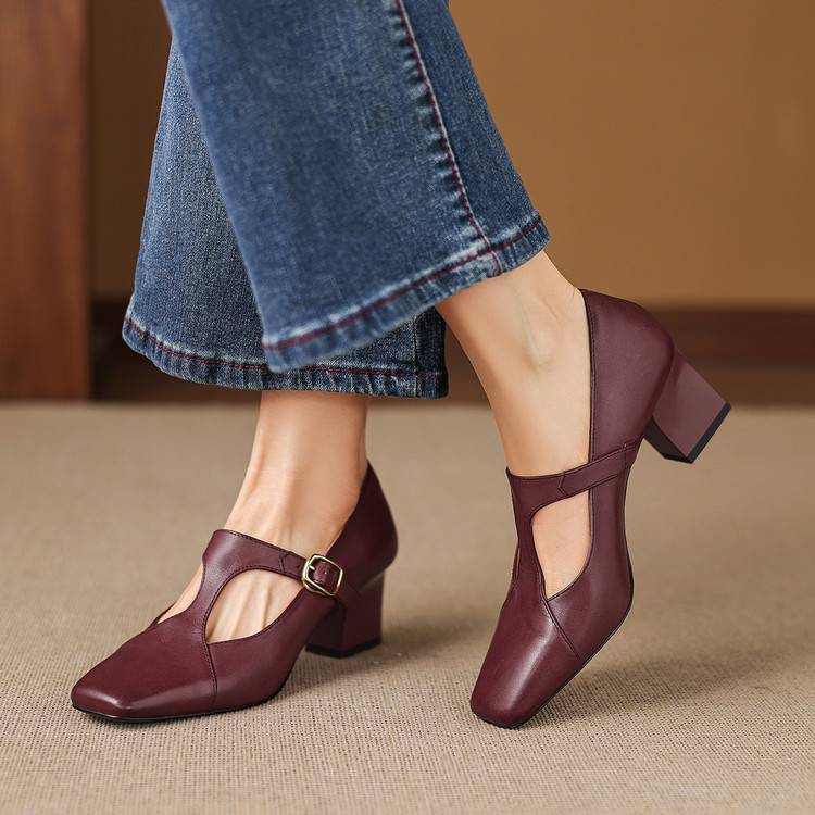 Veyla | Square-Toe Genuine Leather Heels – Luxury Designer Block Pumps & Slimming Classic Mule Footwear