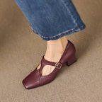 Veyla | Square-Toe Genuine Leather Heels – Luxury Designer Block Pumps & Slimming Classic Mule Footwear