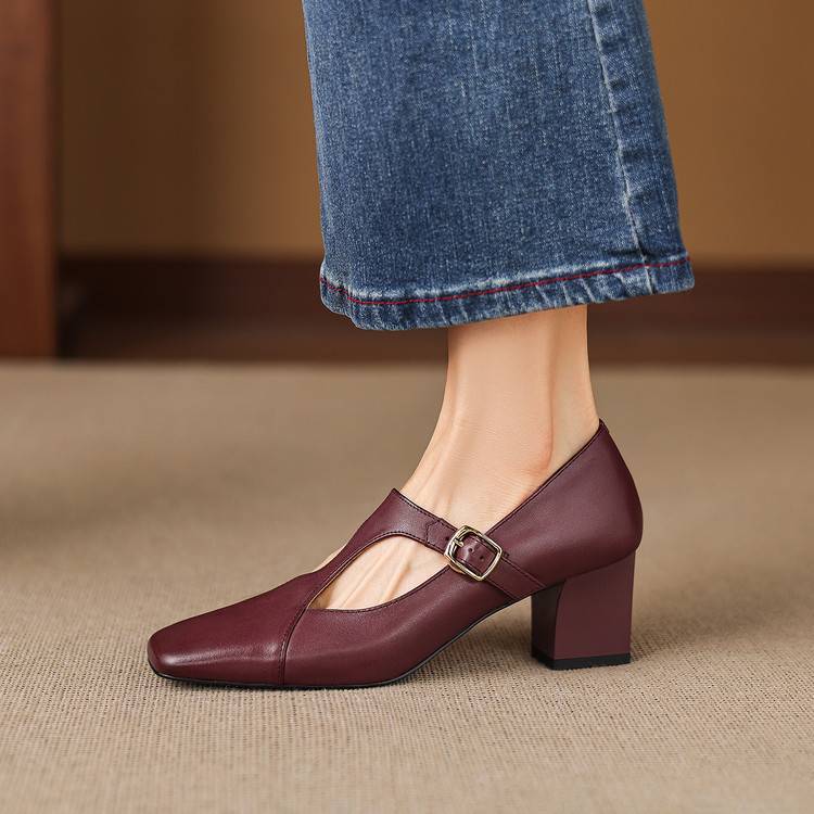 Veyla | Square-Toe Genuine Leather Heels – Luxury Designer Block Pumps & Slimming Classic Mule Footwear