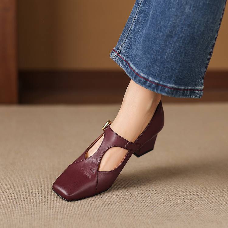 Veyla | Square-Toe Genuine Leather Heels – Luxury Designer Block Pumps & Slimming Classic Mule Footwear