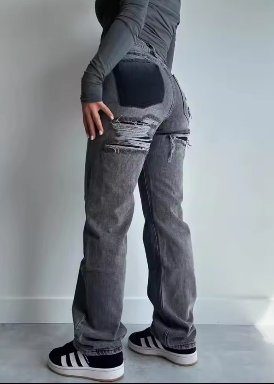 Women's Vintage Ripped Jeans with Unique Patchwork Detail Gray