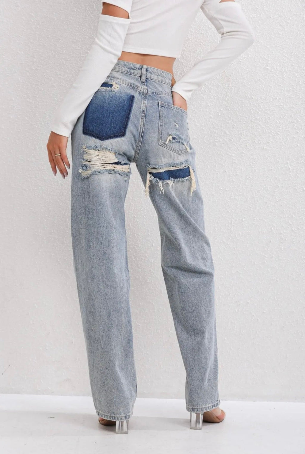 Women's Vintage Ripped Jeans with Unique Patchwork Detail