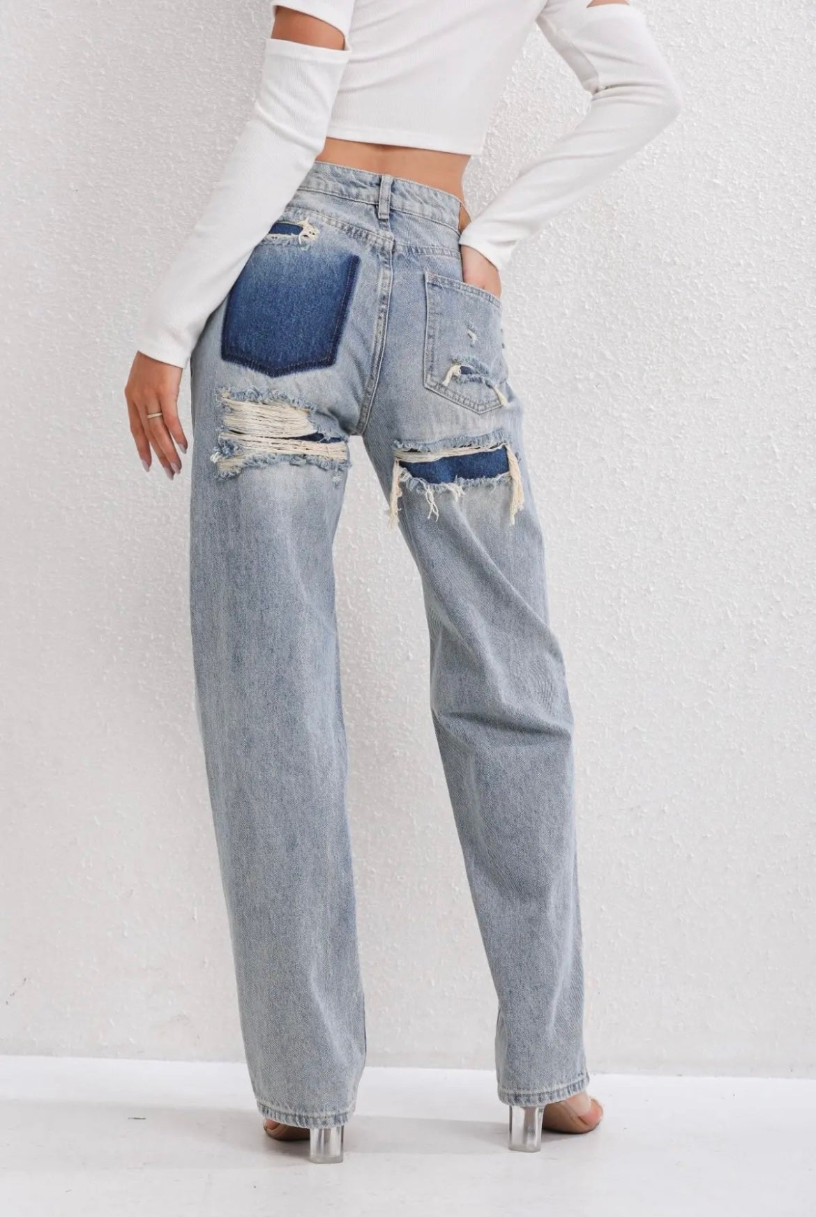 Women's Vintage Ripped Jeans with Unique Patchwork Detail