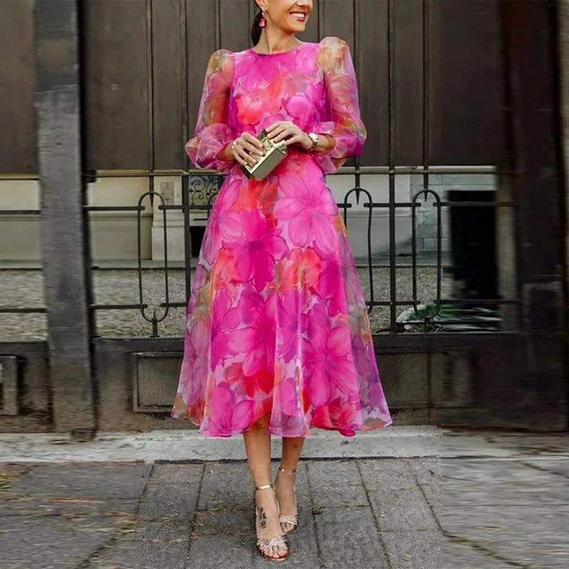 Rogue | Wedding Guest Dress, Floral Print Midi Dress for Women, Pink & Blue Pink