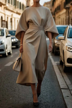 Damaris | Elegant Dress with Lantern Sleeves Beige
