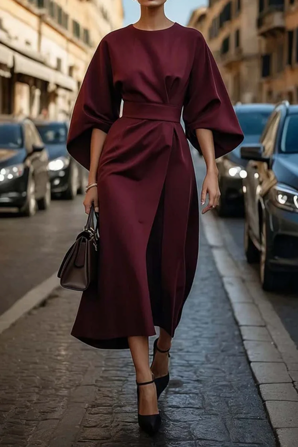 Damaris | Elegant Dress with Lantern Sleeves Burgundy
