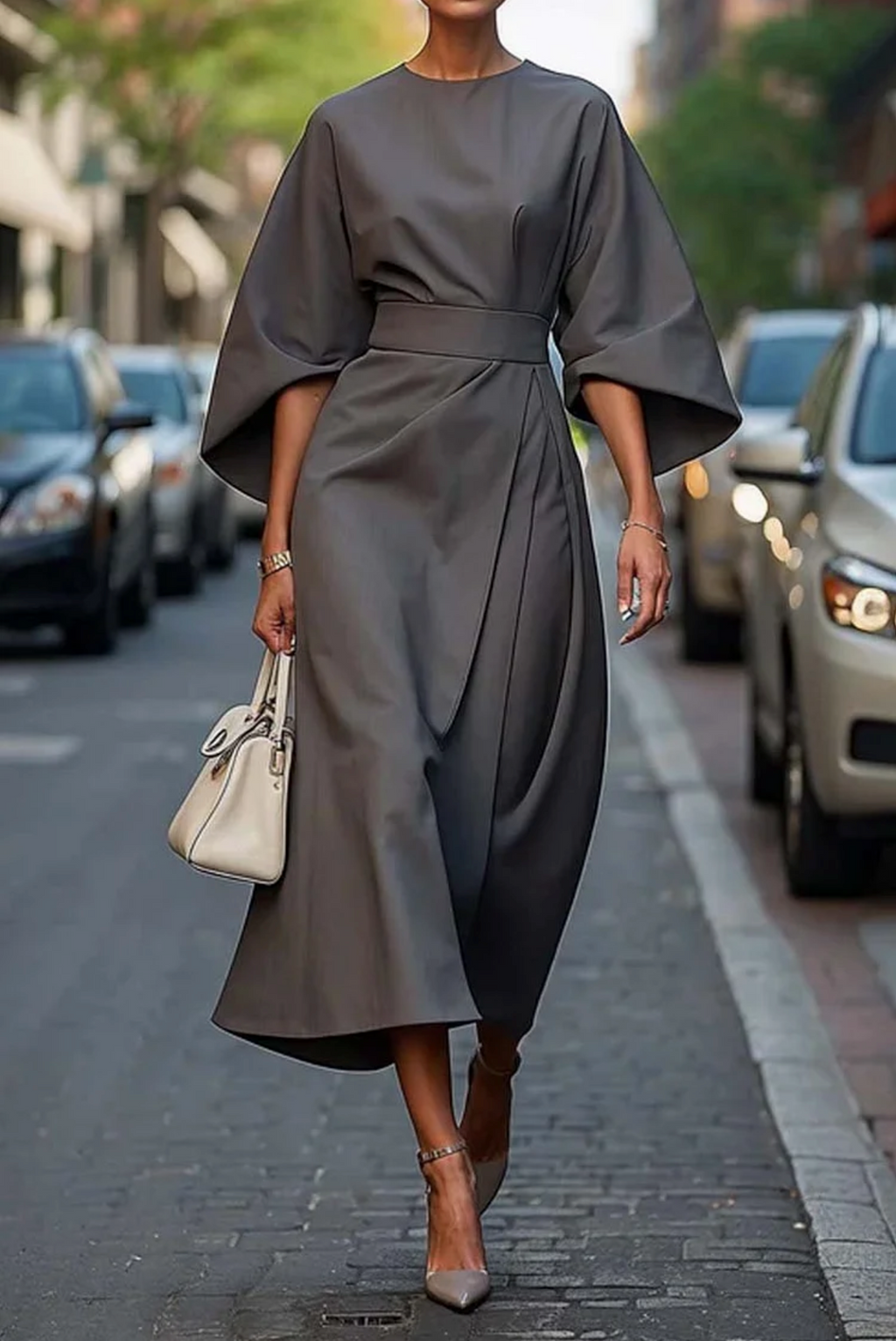 Damaris | Elegant Dress with Lantern Sleeves Gray