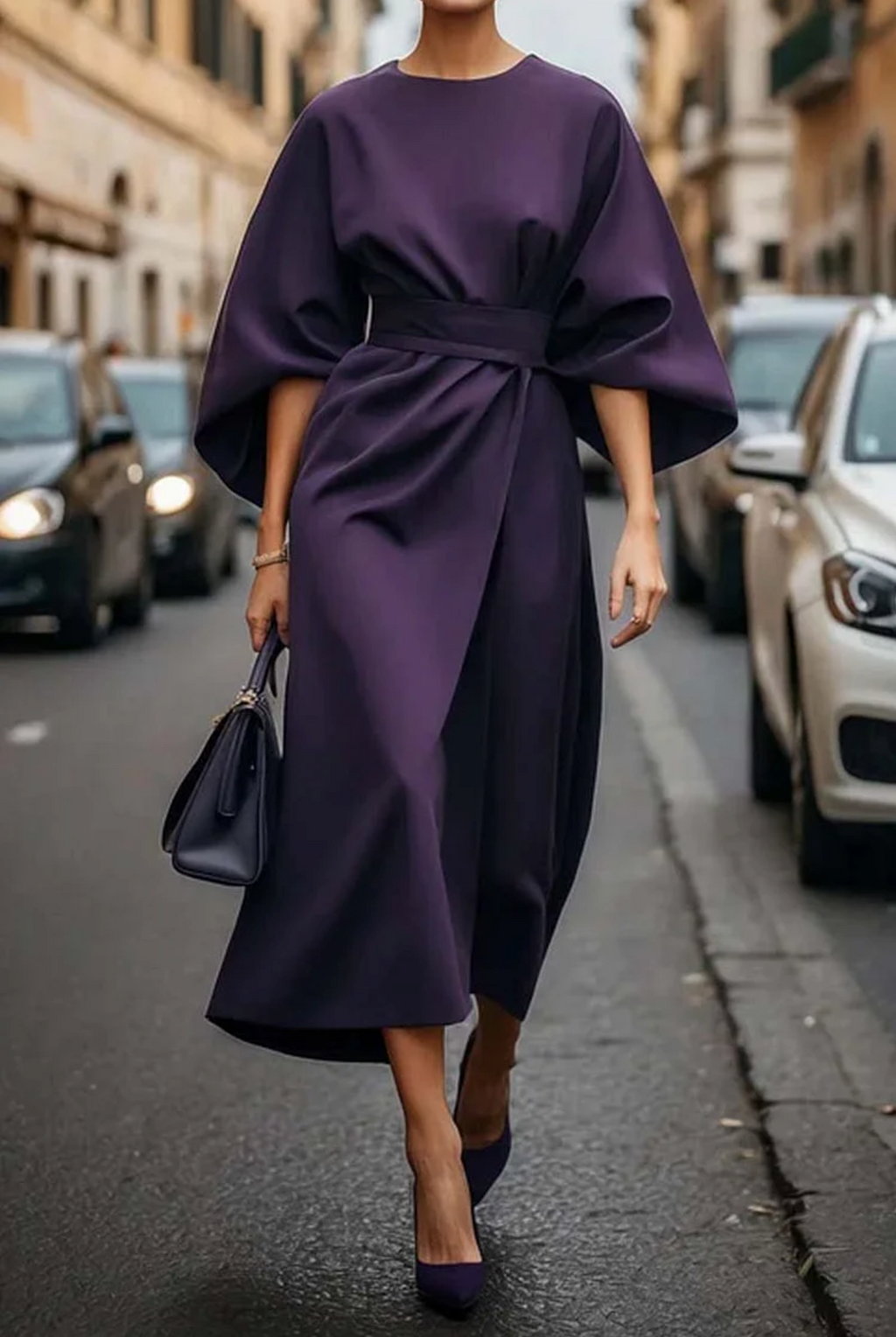 Damaris | Elegant Dress with Lantern Sleeves Purple