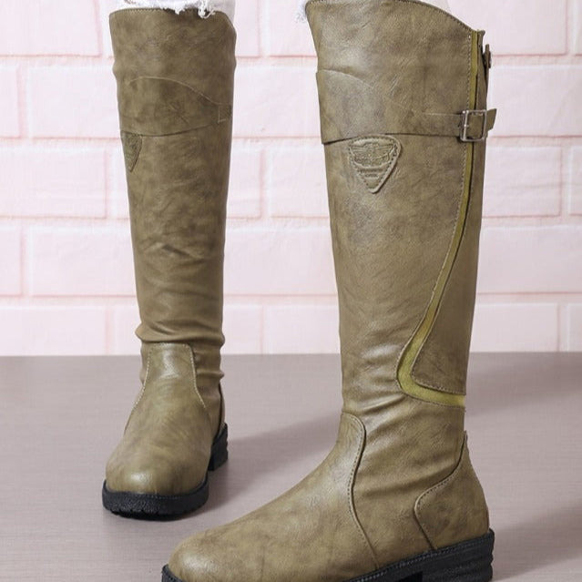Roque | Knee-High Boots for Women | Buckle Strap Lug Sole Green