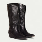 Parsha | Boots For Women | Decorative Stitch Pattern Pointed Toe Black