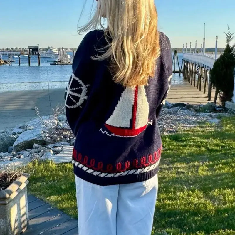 Velina | Women's Shawl Collar Cardigan with Sailboat Print Y2K V Neck Button Down Knit Jumper Boat