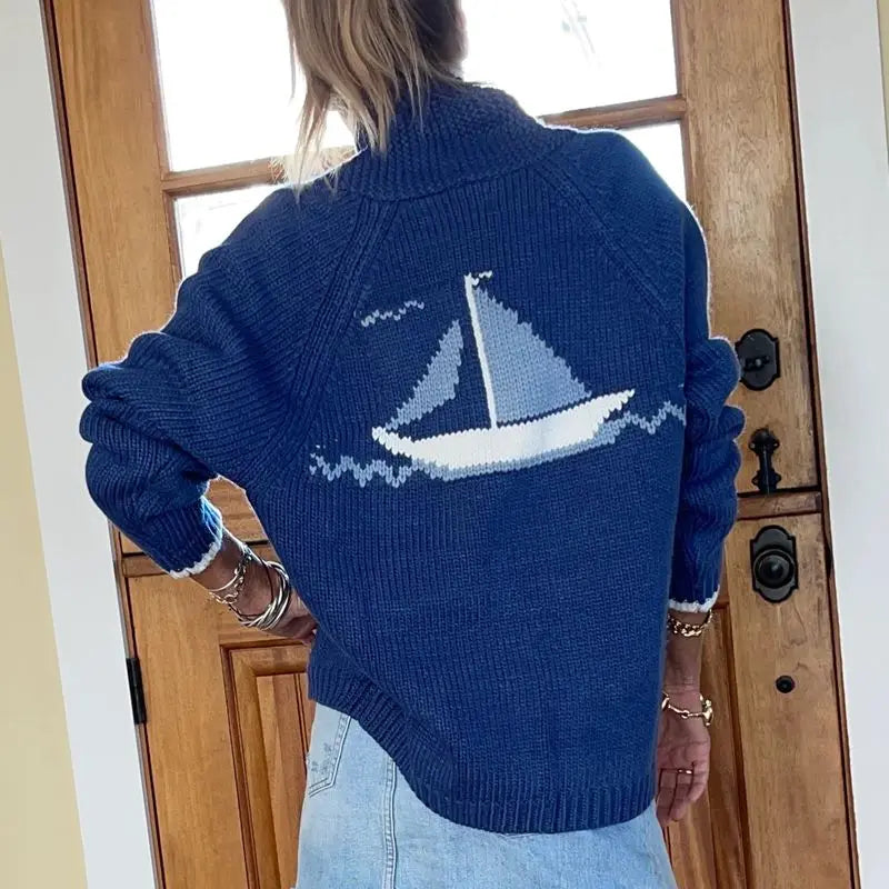 Velina | Women's Shawl Collar Cardigan with Sailboat Print Y2K V Neck Button Down Knit Jumper Sailing Boat