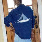Velina | Women's Shawl Collar Cardigan with Sailboat Print Y2K V Neck Button Down Knit Jumper Sailing Boat