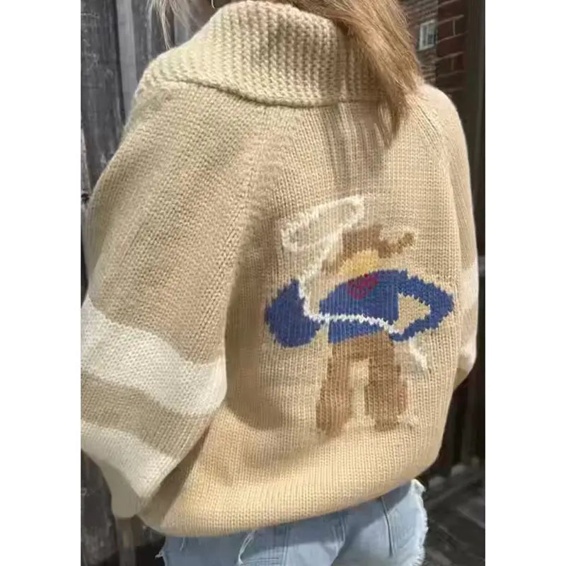 Velina | Women's Shawl Collar Cardigan with Sailboat Print Y2K V Neck Button Down Knit Jumper Cowboy