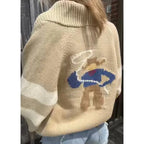 Velina | Women's Shawl Collar Cardigan with Sailboat Print Y2K V Neck Button Down Knit Jumper Cowboy