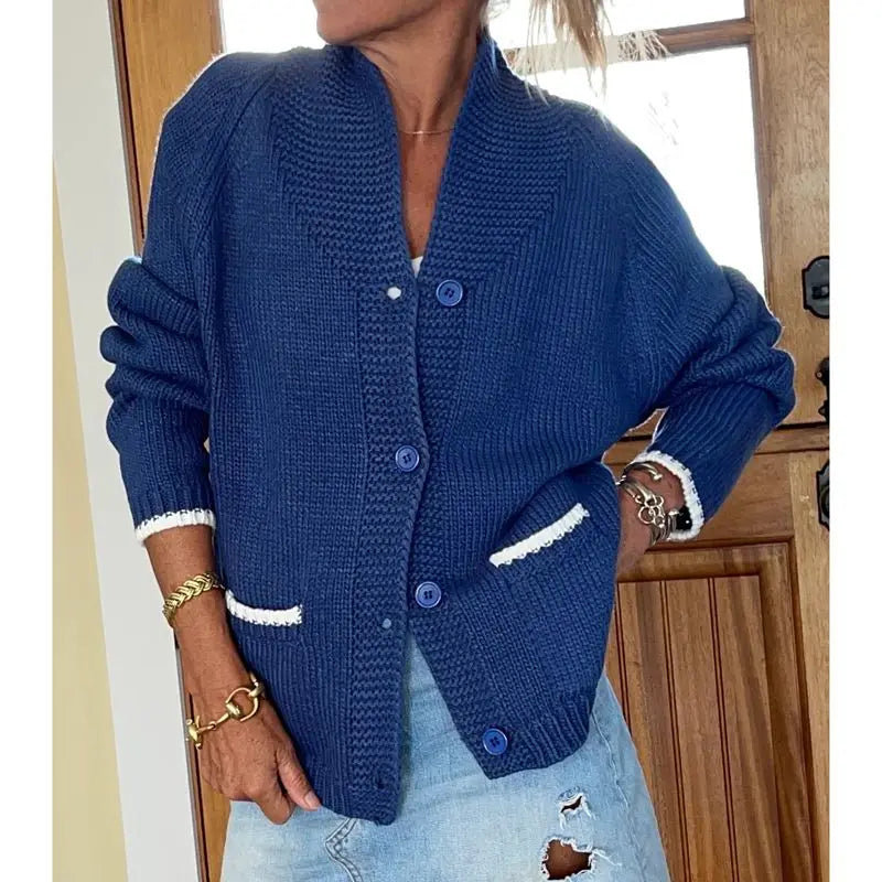 Velina | Women's Shawl Collar Cardigan with Sailboat Print Y2K V Neck Button Down Knit Jumper
