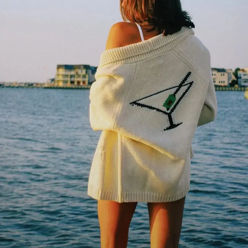Velina | Women's Shawl Collar Cardigan with Sailboat Print Y2K V Neck Button Down Knit Jumper