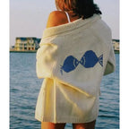 Velina | Women's Shawl Collar Cardigan with Sailboat Print Y2K V Neck Button Down Knit Jumper Fish
