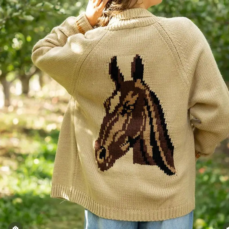 Velina | Women's Shawl Collar Cardigan with Sailboat Print Y2K V Neck Button Down Knit Jumper Horse