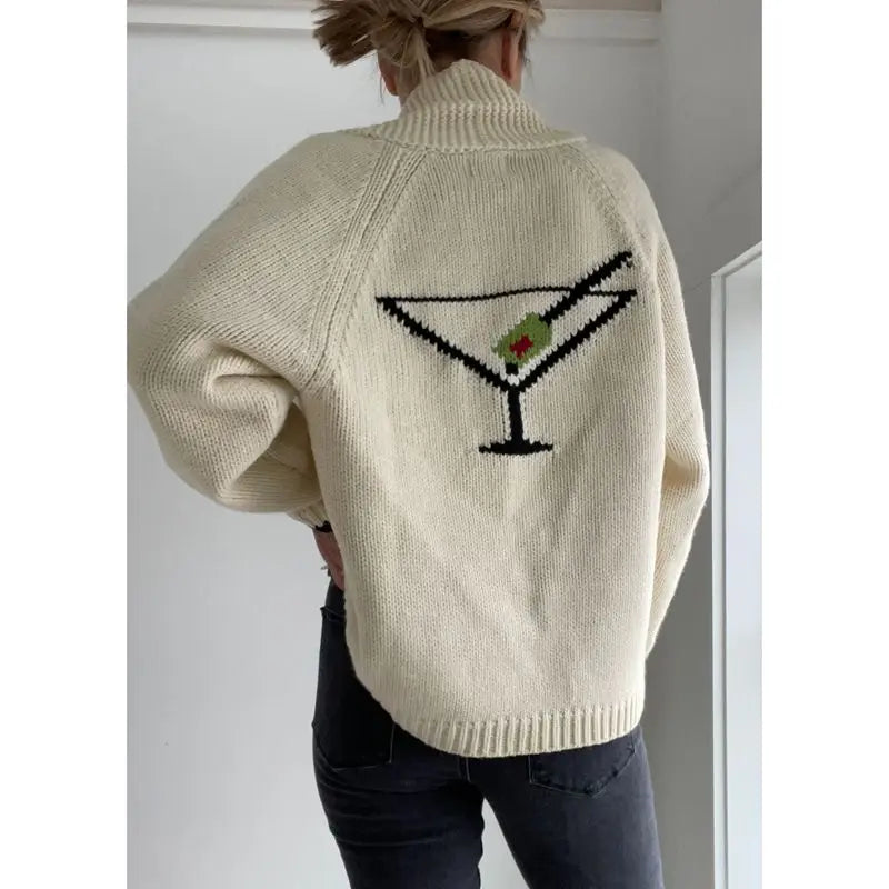 Velina | Women's Shawl Collar Cardigan with Sailboat Print Y2K V Neck Button Down Knit Jumper Martini