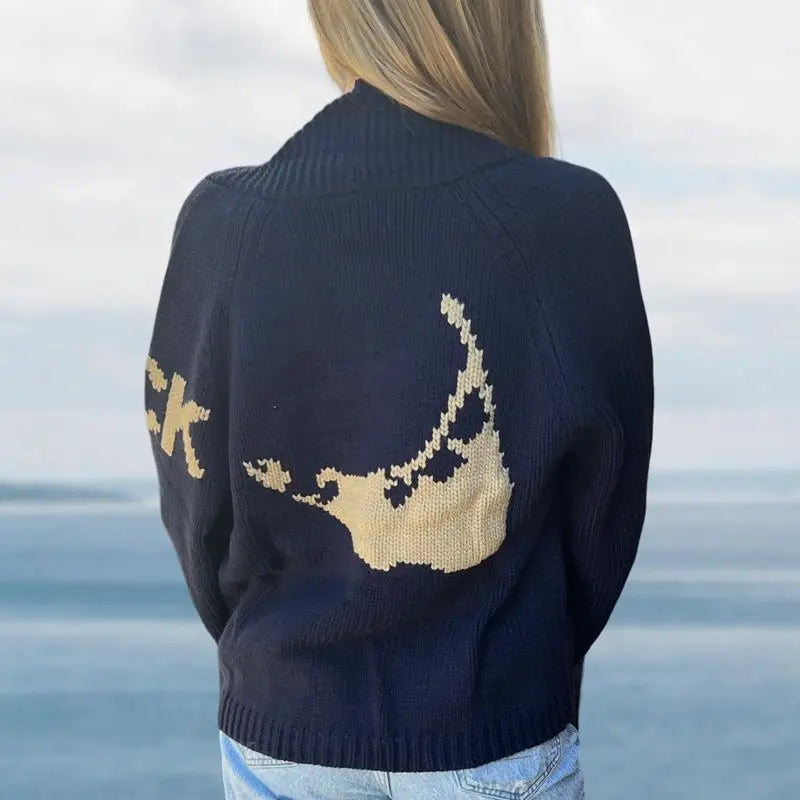 Velina | Women's Shawl Collar Cardigan with Sailboat Print Y2K V Neck Button Down Knit Jumper Graphic