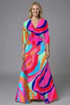 Amore | Women’s Dress with V-Neck and Three-Quarter Sleeves Multi-coloured