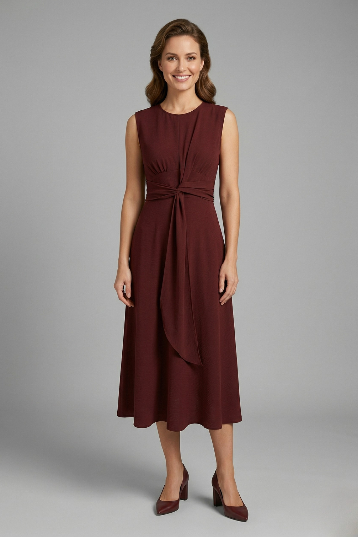 Roque | Women’s Midi Dress with Sleeveless Design and Round Neckline Maroon