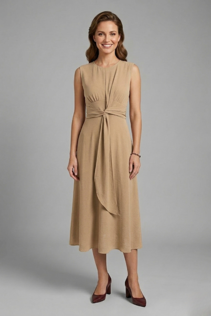 Roque | Women’s Midi Dress with Sleeveless Design and Round Neckline Apricot
