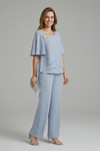Women’s Top and Trousers Set with Layered Top and Straight Legs