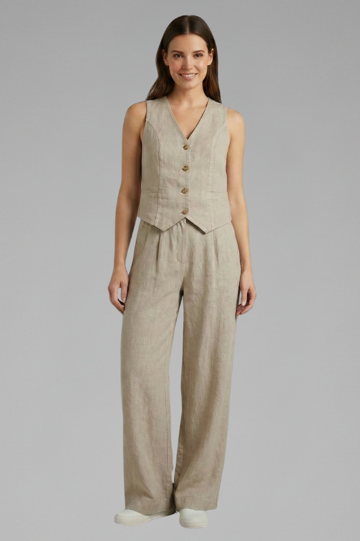 Luna | Women’s Two-Piece Set with V-Neck Waistcoat and Wide Trousers Beige