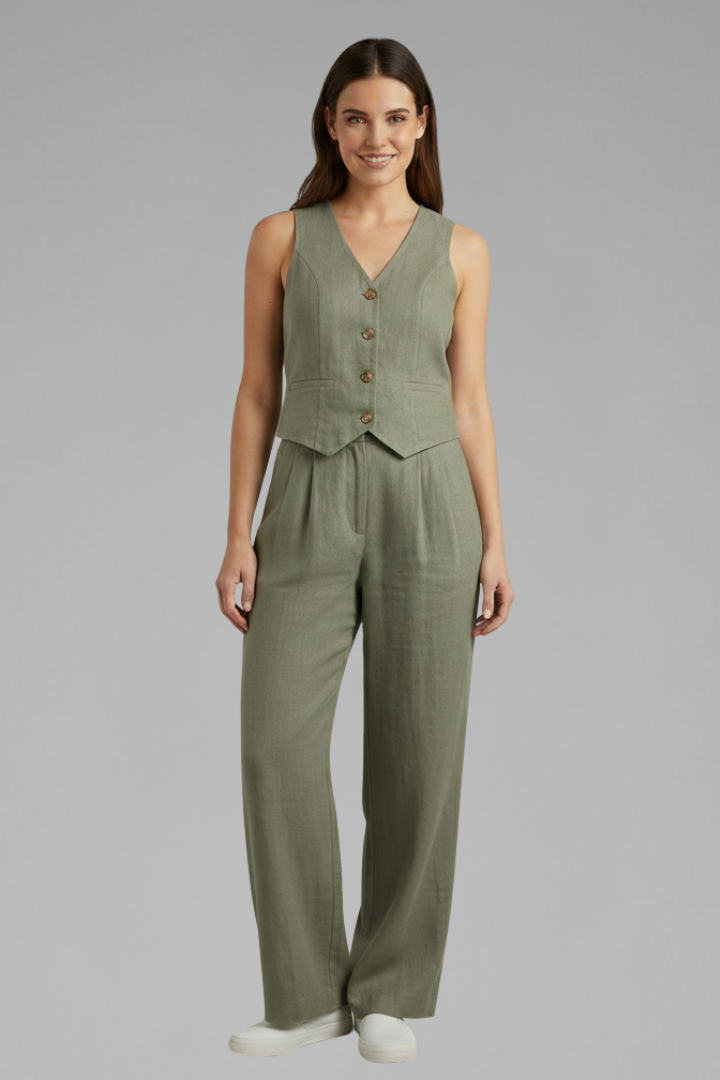 Luna | Women’s Two-Piece Set with V-Neck Waistcoat and Wide Trousers Dark Sea Green