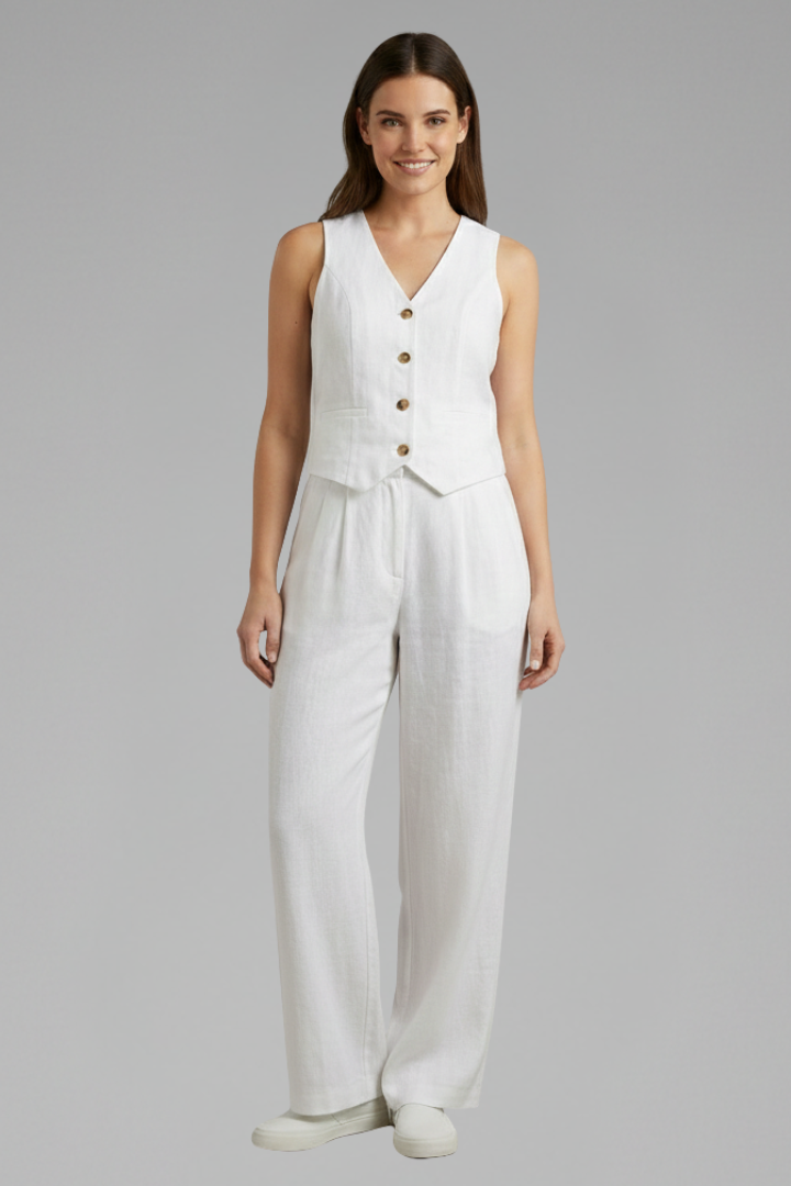 Luna | Women’s Two-Piece Set with V-Neck Waistcoat and Wide Trousers White