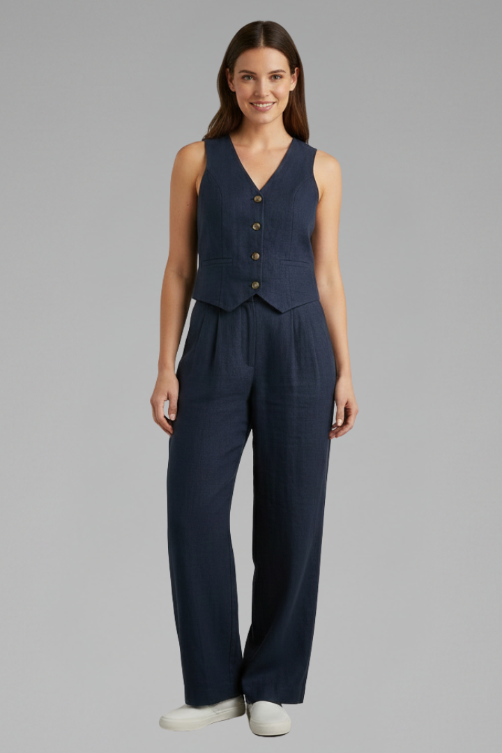 Luna | Women’s Two-Piece Set with V-Neck Waistcoat and Wide Trousers Blue