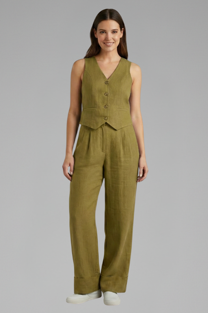 Luna | Women’s Two-Piece Set with V-Neck Waistcoat and Wide Trousers Olive Green